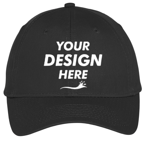 Port Authority Six Panel Unstructured Twill Cap, Black, Front view, Mockup
