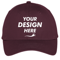 Port Authority Six Panel Unstructured Twill Cap, Maroon, Front view, Mockup