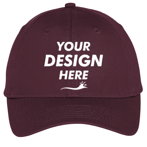 Port Authority Six Panel Unstructured Twill Cap, Maroon, Front view, Mockup
