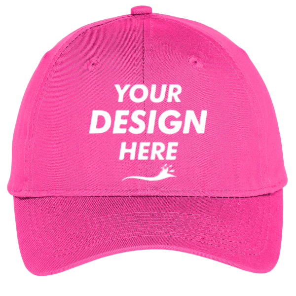Port Authority Six Panel Unstructured Twill Cap, Neon Pink, Front view, Mockup