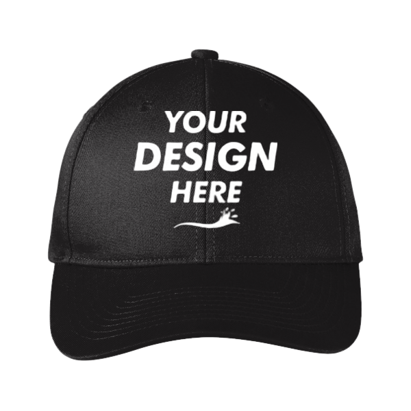 Port Authority Snapback Fine Twill Cap, Black, Front view, Mockup