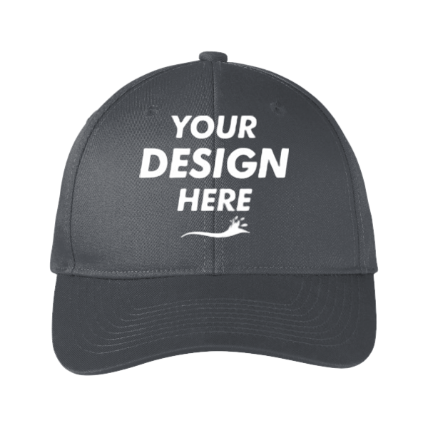 Port Authority Snapback Fine Twill Cap, Graphite, Front view, Mockup