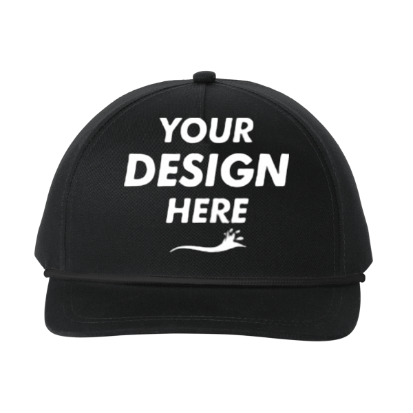 Port Authority Snapback Five Panel Rope Cap, Black / Black, Front view, Mockup
