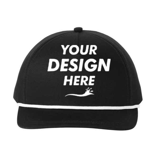 Port Authority Snapback Five Panel Rope Cap, Black / White, Front view, Mockup