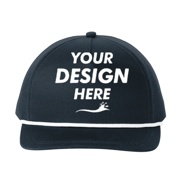 Port Authority Snapback Five Panel Rope Cap, Navy / White, Front view, Mockup