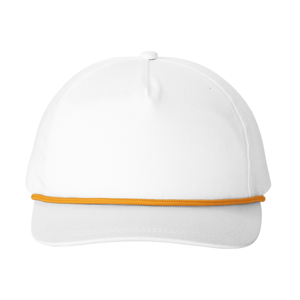 Port Authority Snapback Five Panel Rope Cap, White / Athletic Gold, Front view