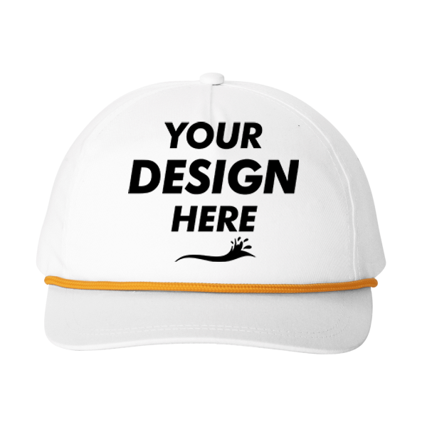 Port Authority Snapback Five Panel Rope Cap, White / Athletic Gold, Front view, Mockup
