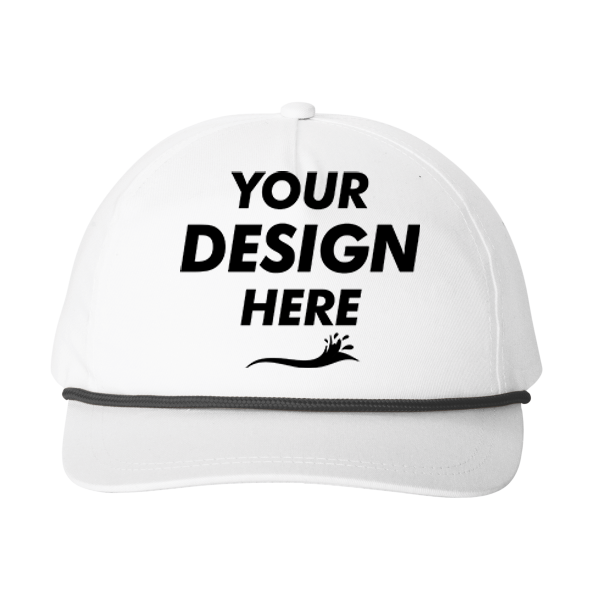 Port Authority Snapback Five Panel Rope Cap, White / Black, Front view, Mockup