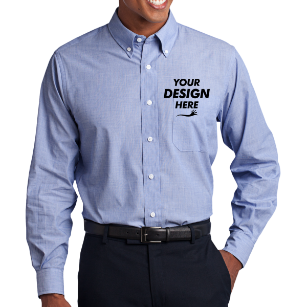 Port Authority Tall Crosshatch Easy Care Shirt, Chambray Blue, Front view, Mockup