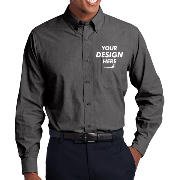 Port Authority Tall Crosshatch Easy Care Shirt, Soft Black, Front view, Mockup