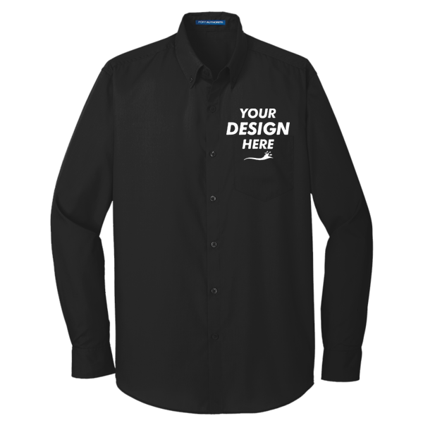 Port Authority Tall Long Sleeve Carefree Poplin Shirt, Deep Black, Front view, Mockup