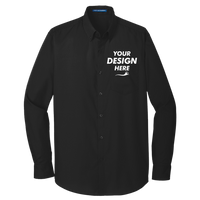Port Authority Tall Long Sleeve Carefree Poplin Shirt, Deep Black, Front view, Mockup