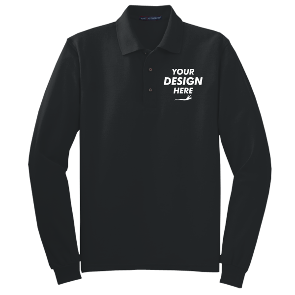 Port Authority Tall Silk Touch Long Sleeve Polo, Black, Front view, Mockup