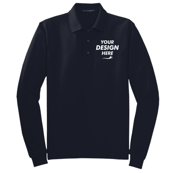 Port Authority Tall Silk Touch Long Sleeve Polo, Navy, Front view, Mockup