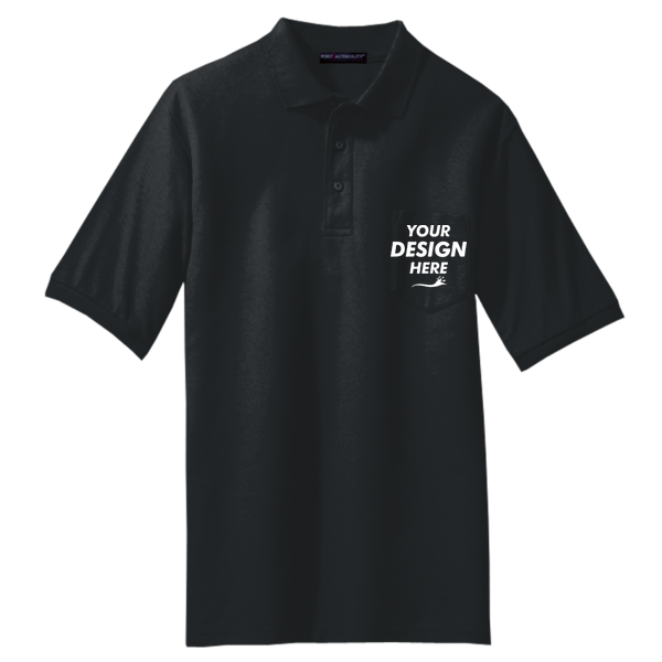 Port Authority Tall Silk Touch Polo with Pocket, Black, Front view, Mockup