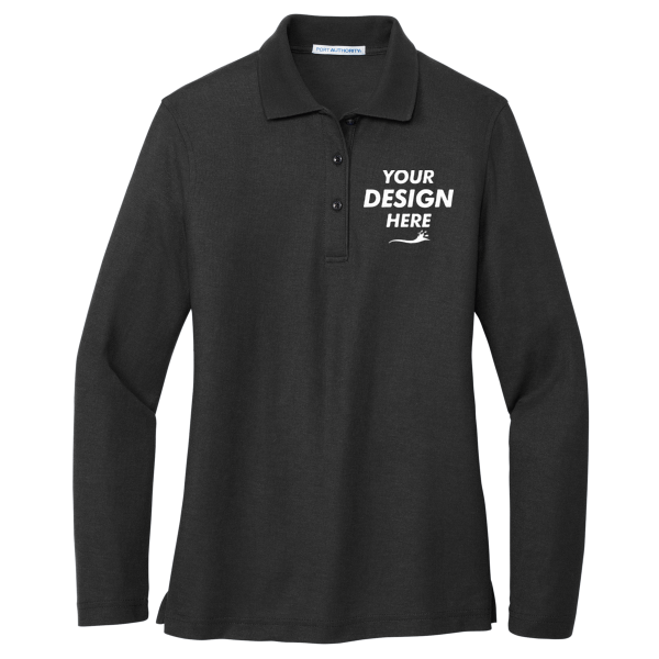 Port Authority Women's Silk Touch Long Sleeve Polo, Black, Front view, Mockup