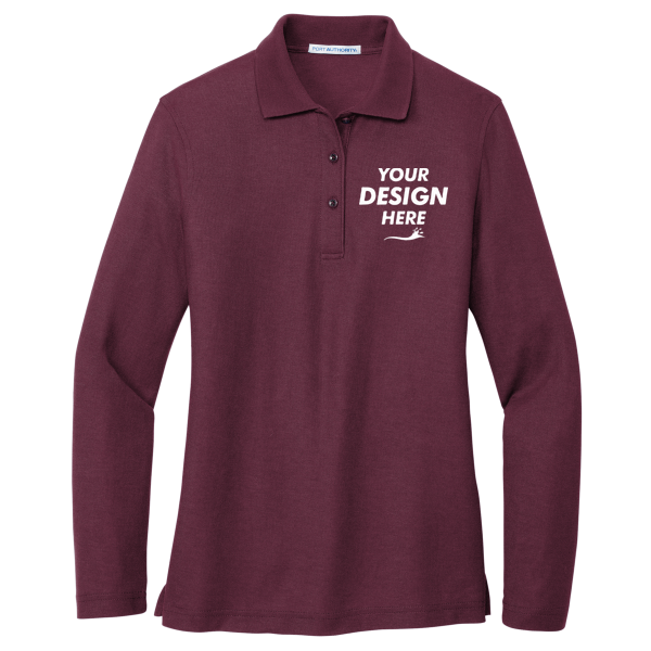 Port Authority Women's Silk Touch Long Sleeve Polo, Burgundy, Front view, Mockup