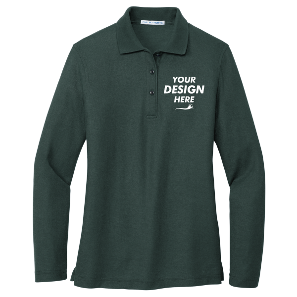 Port Authority Women's Silk Touch Long Sleeve Polo, Dark Green, Front view, Mockup