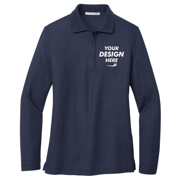 Port Authority Women's Silk Touch Long Sleeve Polo, Navy, Front view, Mockup