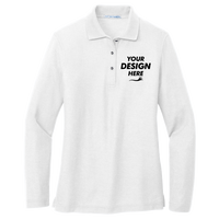 Port Authority Women's Silk Touch Long Sleeve Polo, White, Front view, Mockup