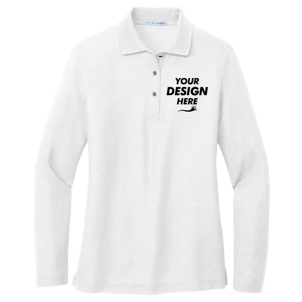 Port Authority Women's Silk Touch Long Sleeve Polo, White, Front view, Mockup