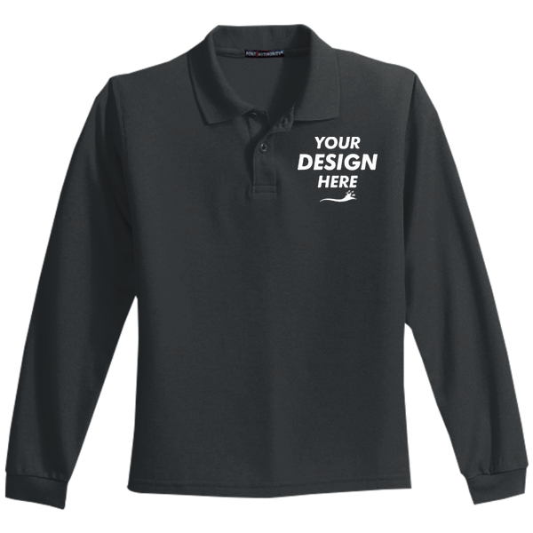 Port Authority Youth Long Sleeve Silk Touch Polo, Black, Front view, Mockup