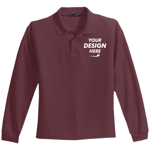 Port Authority Youth Long Sleeve Silk Touch Polo, Burgundy, Front view, Mockup