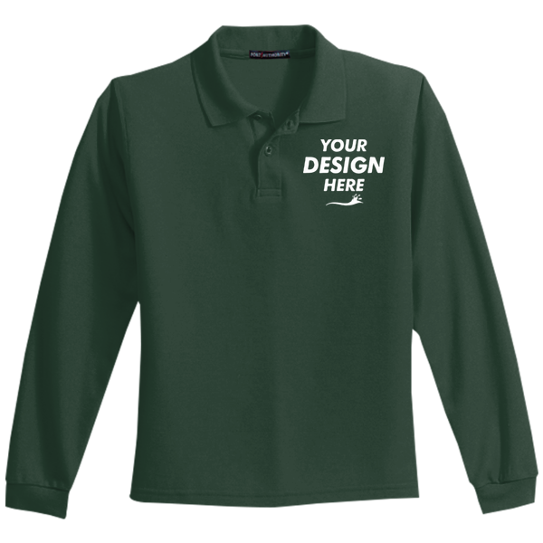 Port Authority Youth Long Sleeve Silk Touch Polo, Dark Green, Front view, Mockup