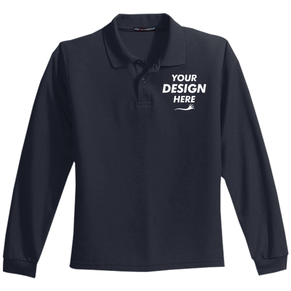 Port Authority Youth Long Sleeve Silk Touch Polo, Navy, Front view, Mockup