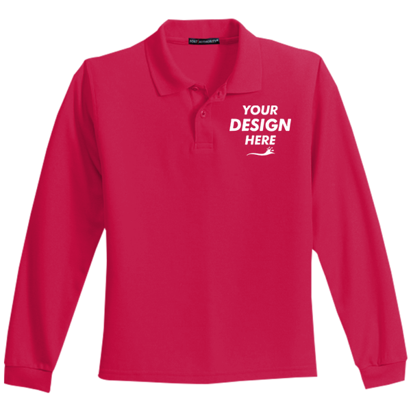 Port Authority Youth Long Sleeve Silk Touch Polo, Red, Front view, Mockup