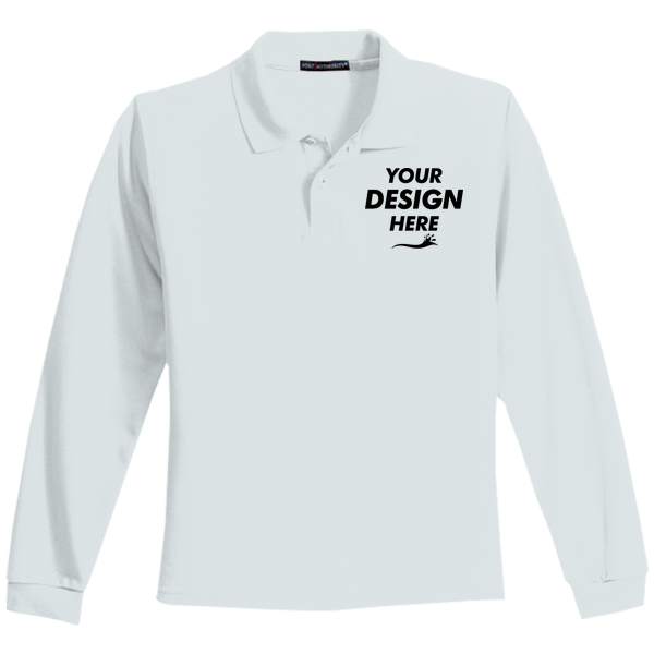Port Authority Youth Long Sleeve Silk Touch Polo, White, Front view, Mockup