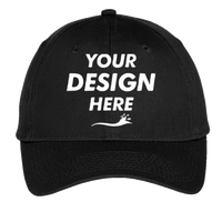 Port Authority Youth Six Panel Unstructured Twill Cap, Black, Front view, Mockup