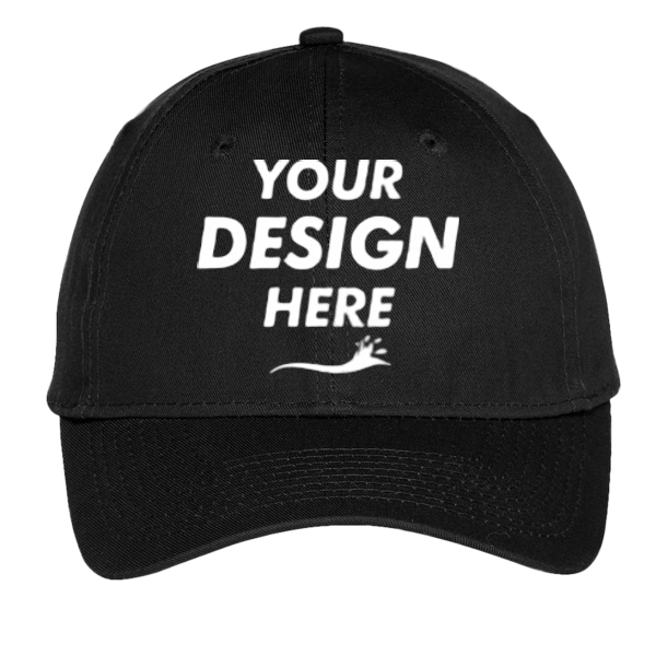 Port Authority Youth Six Panel Unstructured Twill Cap, Black, Front view, Mockup