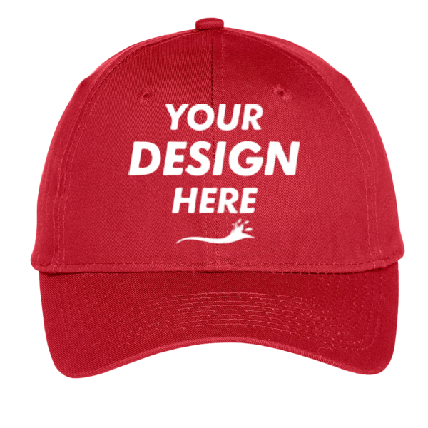 Port Authority Youth Six Panel Unstructured Twill Cap, Red, Front view, Mockup