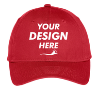 Port Authority Youth Six Panel Unstructured Twill Cap, Red, Front view, Mockup