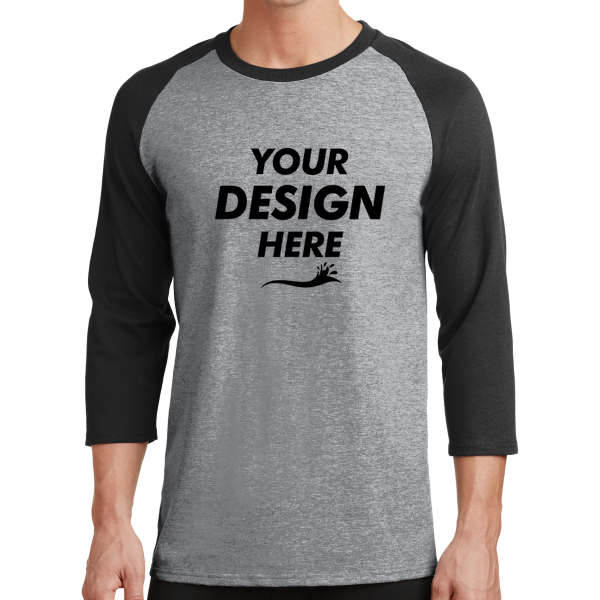 Port & Co Core Blend 3/4 Sleeve Raglan Tee, Athletic Heather / Jet Black, Front view, Mockup