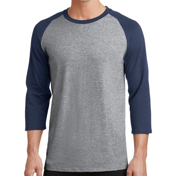 Port & Co Core Blend 3/4 Sleeve Raglan Tee, Athletic Heather / Navy, Front view