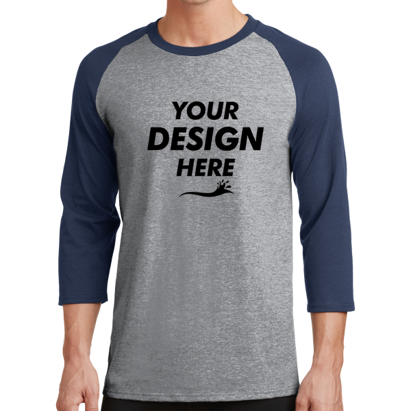 Port & Co Core Blend 3/4 Sleeve Raglan Tee, Athletic Heather / Navy, Front view, Mockup