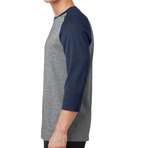 Port & Co Core Blend 3/4 Sleeve Raglan Tee, Athletic Heather / Navy, Left side view