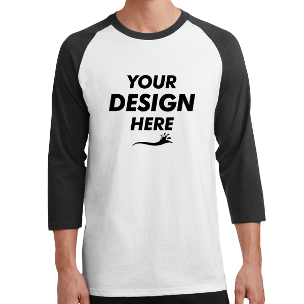 Port & Co Core Blend 3/4 Sleeve Raglan Tee, White / Jet Black, Front view, Mockup