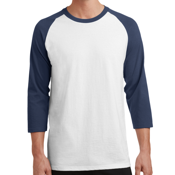 Port & Co Core Blend 3/4 Sleeve Raglan Tee, White / Navy, Front view