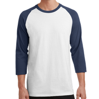 Port & Co Core Blend 3/4 Sleeve Raglan Tee, White / Navy, Front view