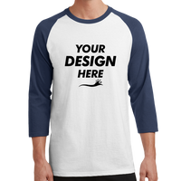 Port & Co Core Blend 3/4 Sleeve Raglan Tee, White / Navy, Front view, Mockup