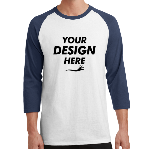 Port & Co Core Blend 3/4 Sleeve Raglan Tee, White / Navy, Front view, Mockup