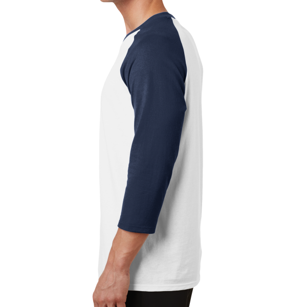 Port & Co Core Blend 3/4 Sleeve Raglan Tee, White / Navy, Left side view