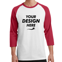 Port & Co Core Blend 3/4 Sleeve Raglan Tee, White / Red, Front view, Mockup