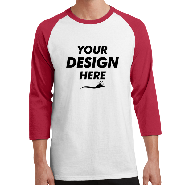 Port & Co Core Blend 3/4 Sleeve Raglan Tee, White / Red, Front view, Mockup