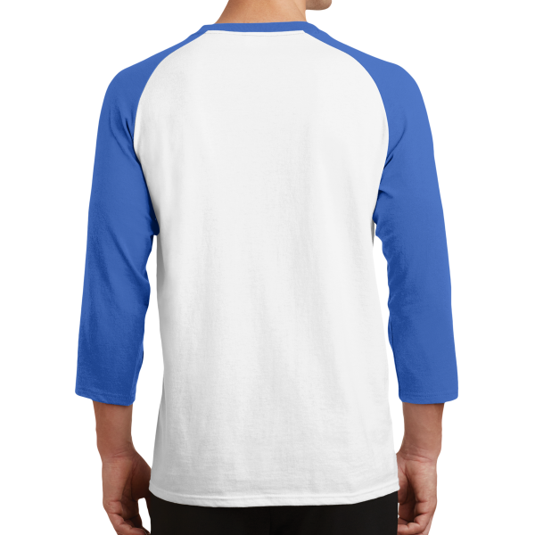 Port & Co Core Blend 3/4 Sleeve Raglan Tee, White / Royal, Back view