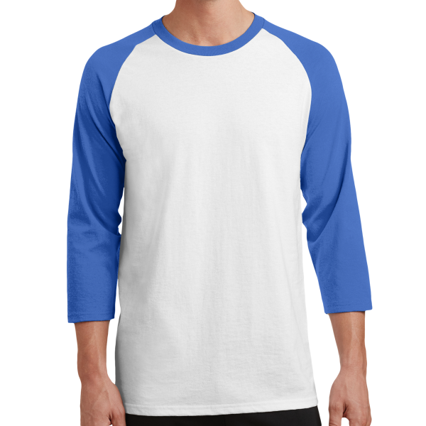 Port & Co Core Blend 3/4 Sleeve Raglan Tee, White / Royal, Front view
