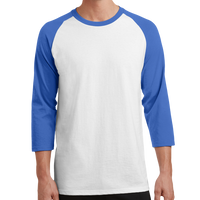 Port & Co Core Blend 3/4 Sleeve Raglan Tee, White / Royal, Front view